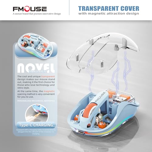 FMOUSE Transparent Wireless Mouse, Tri-Mode Bluetooth 5.1 & 2.4GHz, USB-A & USB-C Receiver, Silent Rechargeable RGB, 3 Devices for MacBook Laptop iPad PC, Fresh Macaron — Blue - color: Blue