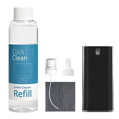 Click Clean Screen Cleaner Refill Kits - 1 Screen Cleane with 4 oz Cleaner Refill and 1 Microfiber Cloth(7.8 x 7.8in), 1 Mini Refill Funnel + 1 Sprayer, for All Phones, Laptop and Tablet Screens