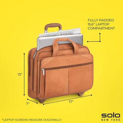 Solo New York Leather Rolling Case with Wheels - Roller Laptop Bag, Wheeled Briefcase for Women & Men, Carry On Size for Travel, Fits 15.6" Computer - Walker, Tan