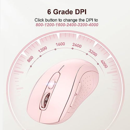 TECKNET 2-in-1 Bluetooth Mouse (BT 5.0/3.0+2.4Ghz), 6-Level 4000 DPI Pink | BT 5.0/3.0 & 2.4G wireless mouse with 4000 DPI, silent clicks, ergonomic design, and USB receiver for laptop and PC. - color: Pink