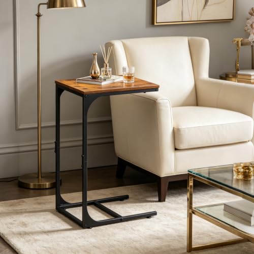 WLIVE C Shaped End Table, Small Couch Side Tables with Metal Frame that Slide Under, Sofa Table TV Tray for Living Room, Bedroom, Rustic Brown - color: Rustic Brown