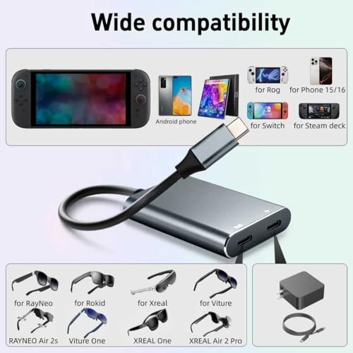 XREA L Hub Adapter, USB-C to Glasses Charging Adapter, 65W PD Charging & 4K@60Hz Output Compatible Switch 1, PS5, Mac, Laptops, Phone 17/16/15, for XR EAL Rokid Viture Ray Neo AR Glasses - color: Gray