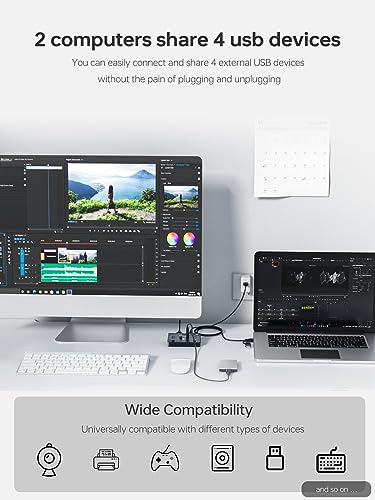 USB 3.0 Switch for USB A & C Devices - Aluminum Alloy USB Switch, Independent Port Control for Mouse, Keyboard, Printer - USB Switcher 2 Computers