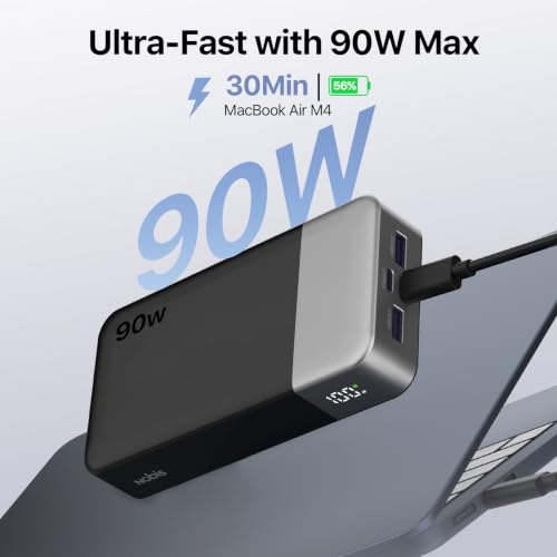NOBIS Portable Charger 20000mAh 90W Laptop Power Bank | 2C+2A USB-C Fast Charging Battery Pack with LED Display for Laptops, Tablets, Steam Deck & Phones - color: Black