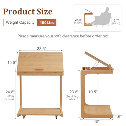 AQIMUELE Wooden C-Shaped End Table,Couch Table with Adjustable Desktop,Small Rolling Side Table with 2 Lockable Wheels 23.6" Width,Small End Table for Couch, Living Room,Bedroom (Natural) - color: Natural, size: 15.6"D x 23.6"W x 24.8"H, style: Modern 2 T