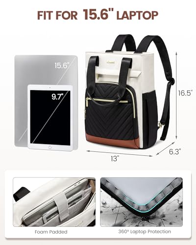 LOVEVOOK Laptop Backpack for Women, 15.6 Inch Work Laptop Bag Teacher Nurse Backpack, Wide Open Travel Tote Backpack Purse Business Computer Daypack - color: Beige&black-a