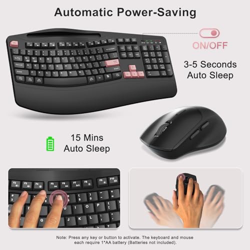Wireless Keyboard and Mouse Combo, 2.4G Full Size Wave Keys Ergonomic Keyboard with Wrist Rest, Phone Holder, 3-Level DPI Wireless Silent Mouse with 6-Buttons, for Windows (Pink) - color: Pink