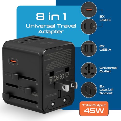 Ceptics 8 in 1 Universal Travel Adapter for EU, UK, US, AU and More, World Travel Adapter, 2X US Socket, Universal Socket, 3X USB-C and 2X USB-A, 45W Fast Charge – UP-45KU-BL - color: Black