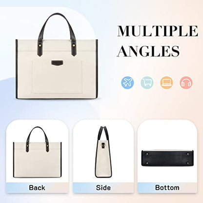 Missnine Laptop Tote Bag Canvas Laptop Bag 15.6 inch Work Shoulder Bags Casual Briefcase Handbag for Travel, Office, College - color: Black+beige