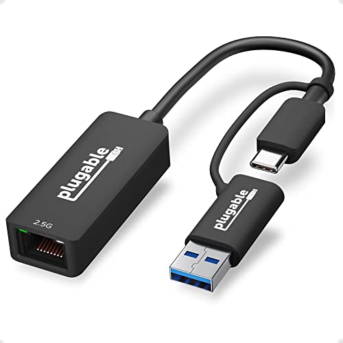 Plugable 2.5G USB-C and USB to Ethernet Adapter – Dual-Connector 2-in-1 USB-C to RJ45 2.5Gbps LAN, Compatible with Thunderbolt 5 & 4, USB4, USB 3.0, Windows, Mac, ChromeOS, iPhone 15 & 16