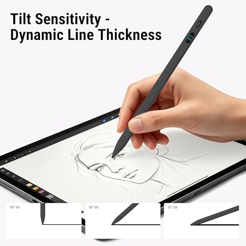 LED Battery Display Stylus Pen, Dual Modes Fast Charge Universal Active Digital Pencil for iPad iPhone Samsung Android, <2ms Low Latency, Tilt Sensitivity for Drawing Note Taking, No Bluetooth Stylus - color: Black