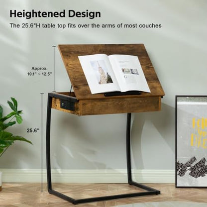 Hadulcet C Shaped End Table with Charging Station, Tiltable 0-52° | TV Tray Table Couch Tables That Slide Under, C Table End Table with Storage, Small Table Couch Desk for Small Spaces, Brown - size: 25.6"