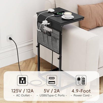 Vagusicc C-Shaped End Table Set of 2 with Charging Station, Small Side Table for Couch, Adjustable Height Couch Side Table, Slide Under Sofa Table TV Tray Tables for Living Room,Bedroom,Bedside, Black - color: 2pc Black