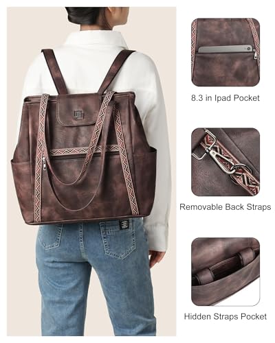 Large Laptop Tote Bag for Women Designer Leather Laptop Bag, 15.6in | Fashion Travel Backpack Purse Shoulder Handbag Fits 15.6 Laptop, Daily, Work, Business Trip, Weekend Travel, Teacher - color: Coffee Brown Retro Style