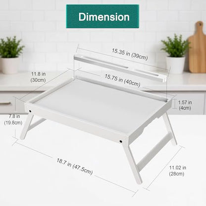 Bed Table Trays for Eating, Bamboo Breakfast Food Tray Table with Media Slot for Bed and Snack, Laptops, Sofa(White, Medium) - color: White