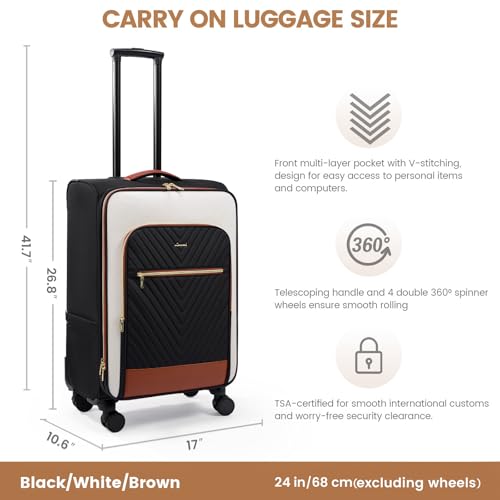 LOVEVOOK Carry On Luggage,24 Inch Carry-on Suitcase for Women,Softside Suitcases with Wheels,Rolling Checked Luggage with TSA Lock,Lightweight Travel - color: Black/White/Brown, size: 24 inch-1pc