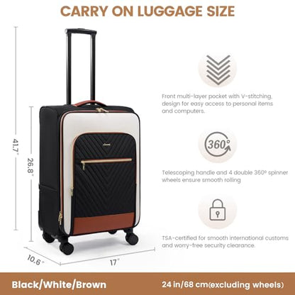 LOVEVOOK Carry On Luggage,24 Inch Carry-on Suitcase for Women,Softside Suitcases with Wheels,Rolling Checked Luggage with TSA Lock,Lightweight Travel - color: Black/White/Brown, size: 24 inch-1pc