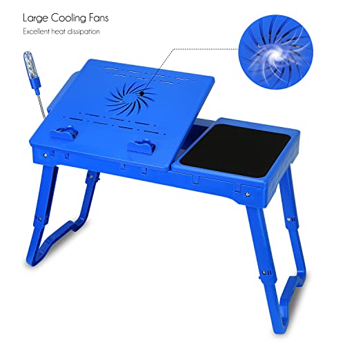 Foldable Laptop Table with Cooling Fan, LED Light, 4 x USB Ports, Mouse Pad & Storage Groove for Laptop Use in Home Office - color: Blue
