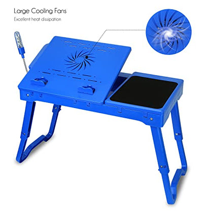 Foldable Laptop Table with Cooling Fan, LED Light, 4 x USB Ports, Mouse Pad & Storage Groove for Laptop Use in Home Office - color: Blue
