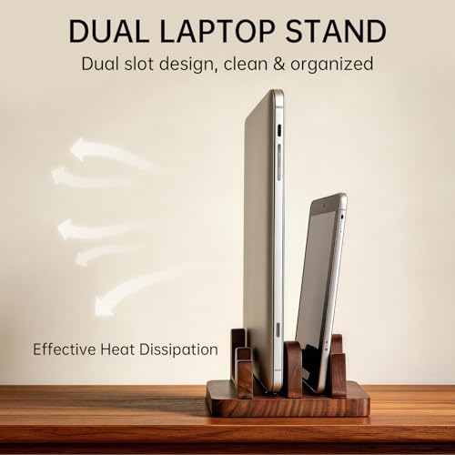 Vertical Laptop Stand for Desk Wood Walnut Adjustable Width Holder Compatible with All MacBook Pro Air HP Dell Surface Organizer Fits 10-30mm Laptops Dual Slot Design
