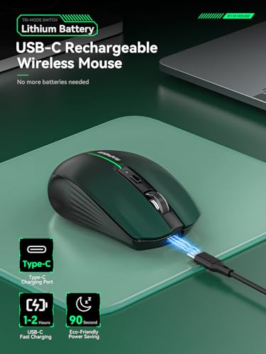 RAPIQUE Bluetooth Wireless Mouse, Bluetooth 5.1 & 2.4G, Green-to-Black | USB-C Rechargeable, Silent Click, 3-Device Switching, Ergonomic 6-Button for Windows/macOS/Android/iOS/Laptop/MacBook - color: Green Gradient