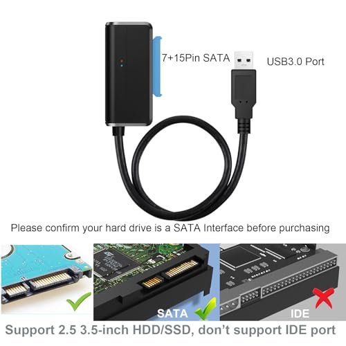SATA to USB Cable USB 3.0 to 2.5 3.5 inch Hard Drive Adapter External Converter for SSD/HDD Data Transfer, with 12V/2A Power Supply, Support UASP, Black
