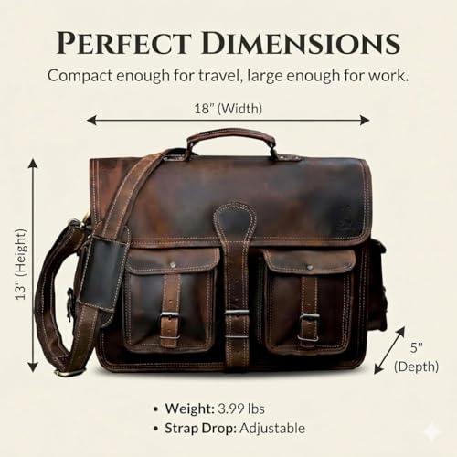 Leather Briefcase Work Bag for Men Women Dark Brown Crossbody Genuine Leather Satchel Office Bag for Men Women 18 Inch Computer Travel Messenger Laptop Shoulder Bag Cureo - size: 18 Inch