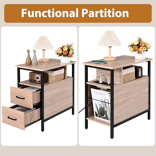 Side Tables with Charging Station, Narrow End Table with 2 Wooden Drawers, USB Ports and Power Outlets, Narrow Nightstand and Bedside Table, Side Tables Living Room, Bedroom, Greige - color: Greige