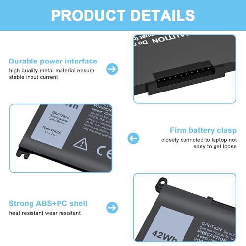 YRDD6 Battery Compatible with Dell Inspiron 3493 3583 3584 3593 5485 5481 5482 5491 5493 5593 3582 5585 5590 5591 5594 5598 7586 3793 5480 3310 2-in-1 3501 5584 Vostro 3491 5581 5481 5490 5590 - size: YRDD6
