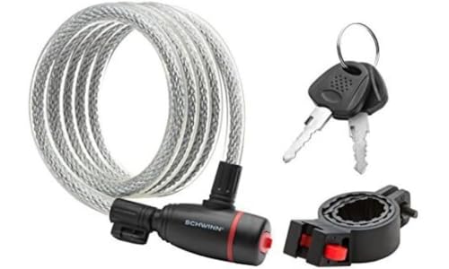 Schwinn Bike Cable Lock with Keys, 6 ft x 12 mm, Black & Silver, Durable Steel, Protective Vinyl Cover, Carrying Bracket for Transport, Anti Theft Protection, Bike Lock Cable for Security