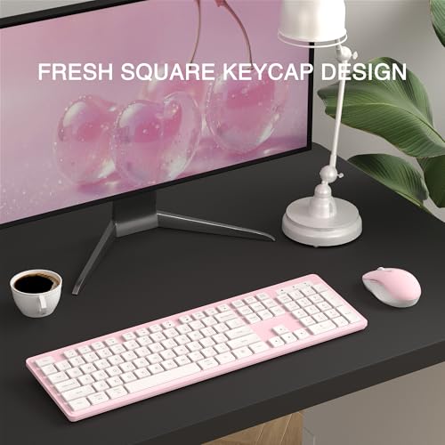 MPTOG Wireless Keyboard and Mouse Combo, Full-Size 104-Key Office Keyboard with 15 Function Keys, Numeric Keypad, Single USB Receiver, Compatible with PC and Laptop(Pink White) - color: Pink White