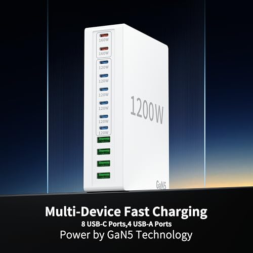 1200W USB C Charger Block.Fast MacBook Pro Charger Charging Station 12 Port 140W PD PPS AVS HUB for All iPhone 17 Pro Max/17 Air/16 SE/Samsung Galaxy 25/ MacBook Pro/Air/iPad Pro/240W Cable - color: White