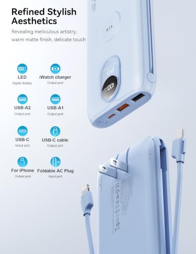 Portable Charger 10000mAh 20W, Wall Plug, 2 Cables, iWatch Charging | Digital Display, Compact Lightweight, USB C Fast Charge, USB-A 18W, Multi Protection, Travel Essential, for iPhone 17 16, Pad - color: Mist Blue