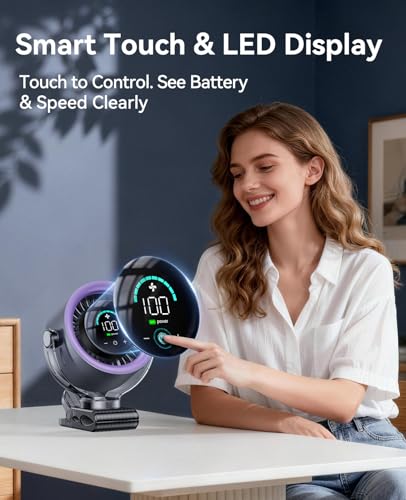 KIMMOO 4000mAh Rechargeable Portable Clip on Fan-100-Speed Touch Control, LED Display, 360° Rotate Quiet Turbo Desk Fan, Small Battery Operated USB Fan for Stroller Bed Travel Camping Golf Gym (Grey) - color: Grey
