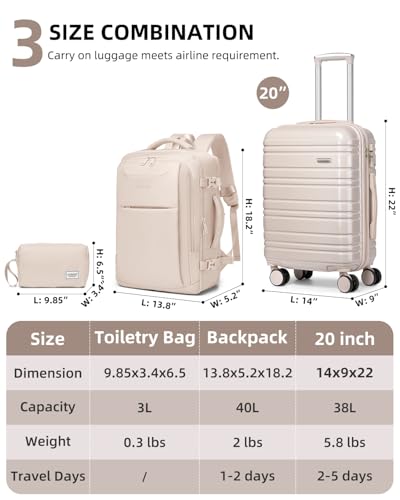 LARVENDER Carry on Luggage Sets 3 Piece, 20 Inch Suitcase, Glossy Champagne | 22x14x9 Airline Approved, Lightweight PC+ABS Hardshell, Smooth 360° Double Wheels, TSA Lock, 3-Piece Set with XL Backpack - color: Glossy Champagne (XL-BP), size: 3 Piece Set (B
