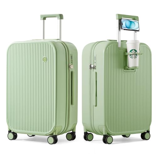 mixi Checked Luggage with Cup Phone Holder Hard Shell Rolling Travel Suitcase with Spinner Wheels,24 Inch Avocado Green - color: Avocado Green, size: 24-inch