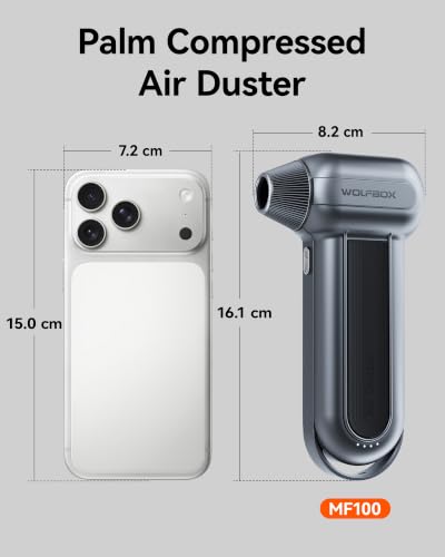 WOLFBOX MF100 Compressed Air Duster, 150000RPM Turbo Fan, 45 m/s Airflow | 3-Gear Adjustable Speed, Type-C Fast Charging, Lightweight 0.66 lb, 5 Nozzles & 2 Brushes, For Computer Keyboard Car Outdoor