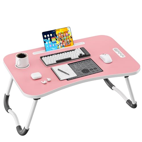 Folding Lap Desk, 23.6 Inch Wood Laptop Bed Desk with Cup Holder, Portable Bed Table for Working Writing Reading & Eating for Bed, Sofa, Couch, Floor - Pink - color: Pink