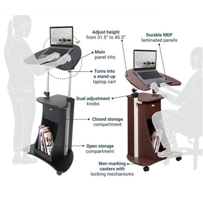 Scranton & Co Sit-to-Stand Rolling Laptop Cart, Adjustable Height 31.5-45.5 in, Black MDF and Steel with Storage Compartments, Tilting Panel, Locking Casters, Mobile Office or Classroom Desk