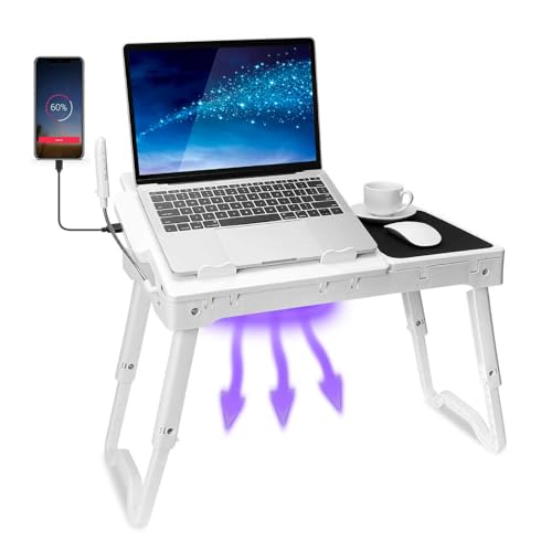 TeqHome Laptop Table for Bed, Adjustable Laptop Bed Desk with Fan, 4 USB Ports, Portable Lap Desk with Foldable Legs, Laptops Stand for Couch Sofa Bed Tray with LED Light, Storage, Mouse Pad - White
