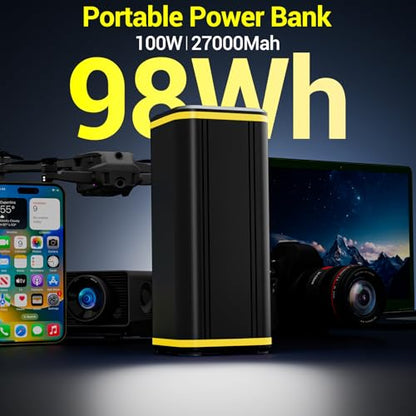 Portable Laptop Station for 27000mAh 98Wh, Power Bank with AC Outlet 65W PD Fast Charging External Battery Pack, Mini Portable Power Station for MacBook Dell HP Travel Camping, Yellow