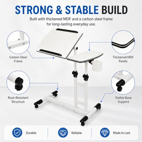 Mobile Standing Desk Adjustable Height, Rolling Laptop Desk with Tilting Desktop, Portable Overbed Table on Wheels, Small Computer Writing Desk for Home Office, Bedside, Sofa, Side Table, White