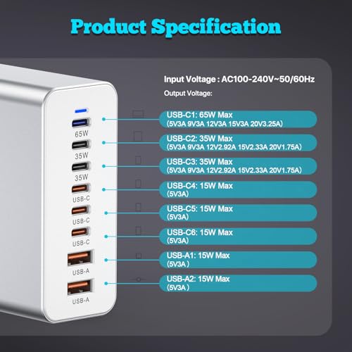 USB C Charger 210W Block, GaN 8-Port USB-C PD Fast Charging Station Desktop Hub, PD65W Laptop Charge Adapter Compatible with MacBook Pro/Air/DELL/Steam Deck/iPhone 16/15/Galaxy S22/S23 - color: silver