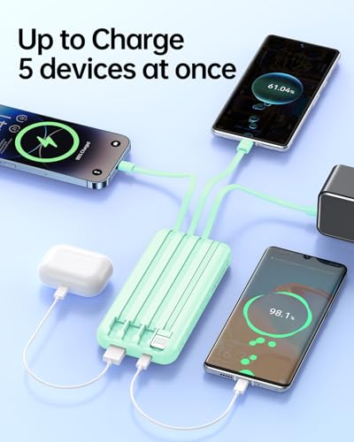 Portable Charger with Built in Cable - 20000mAh Fast Charging Power Bank USB C Slim 22.5W LED Display Battery Pack 5 Outputs & 3 Inputs for Travel Essentials iPhone Samsung Android Phones Tablets Cyan - color: Cyan