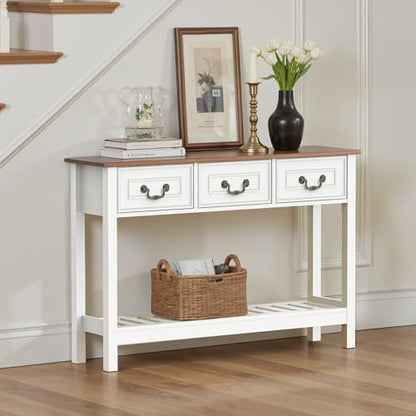 Narrow Console Table with 3 Drawers, Entryway Table with Storage Shelves, Couch Table Behind Sofa, Wood Sofa Table for Living Room, Entryway, Hallway, White - color: White
