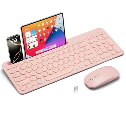Wireless Keyboard and Mouse Combo with Phone Tablet Holder, Rechargeable Dual-Mode (Bluetooth 5.0 and 3.0 +2.4G) Multi-Device Silent Mouse for Windows, iPad, Tablet, MacOS,iOS,Android (Pink) - color: pink