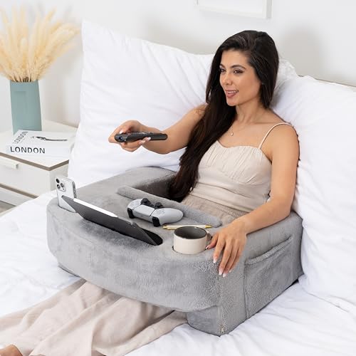 Reading Pillow for Gaming – Extra Large Lap Desk & Arm Rest with Cup & Phone Holder, Adjustable Heights, Laptop Support, Large Pockets – Comfortable for Work, Gaming & Crocheting (Furry Grey) - color: Furry Grey