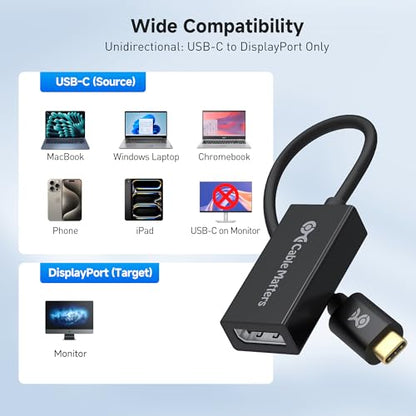 Cable Matters 32.4Gbps Unidirectional USB C to DisplayPort 1.4 Adapter | 8K@60Hz / 4K@240Hz, HDR, USB C to DP 1.4, Compatible with Thunderbolt 4/USB4, iPad Pro, iPhone, and MacBook