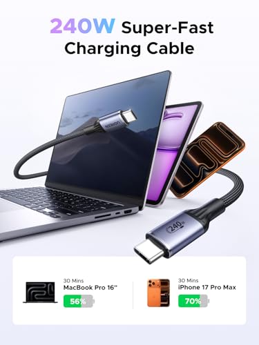 UGREEN USB-IF Certified USB-C to USB-C Cable 240W, PD3.1 Fast Charging Cable for MacBook Pro/Air, OmniBook, ThinkPad, Legion, iPad, iPhone 17/16/15, Galaxy S25/S24, Black, 6.6FT - size: 6.6