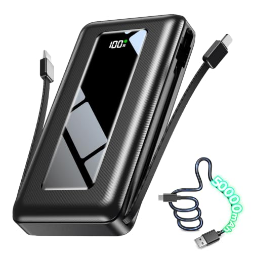 50000mAh High-Capacity Power Bank with Built-in Cables, 22.5W Fast Charging | Ultra-High Capacity, Travel Essential, Charge 4 Devices, Flashlight, for iPhone 17/16/15 Series, Samsung, iPad & Laptops Onyx - color: Onyx